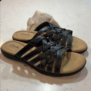 Clarks Black Leather Elizabelle Rio Slip on Sandal Size 8